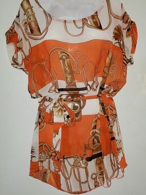 Orange Printed Belted Chiffon Tunic Top